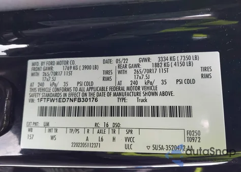 2022 Ford F-150 Xl from USA, damaged, VIN 1FTFW1ED7NFB30176